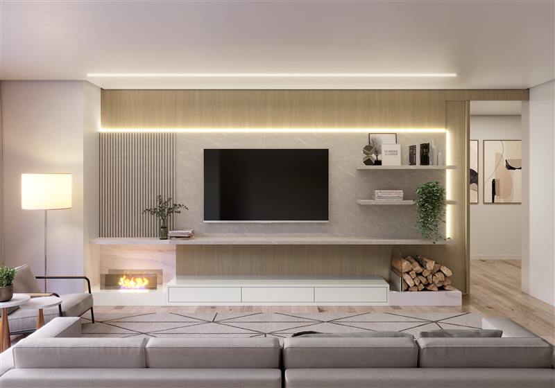 Sala de estar planejada em tons claros Italínea